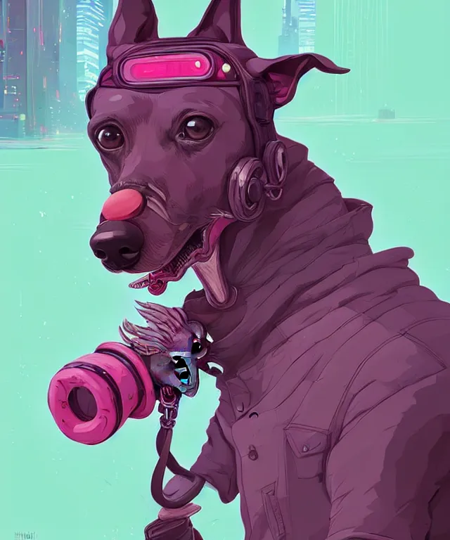 Prompt: a portrait of an anthropomorphic cyberpunk greyhound dog eating a donut, cyberpunk!, fantasy, elegant, digital painting, artstation, concept art, matte, sharp focus, illustration, art by josan gonzalez
