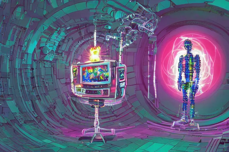Prompt: beautiful cyborg - clownbot emerging from a space portal in cyberspace, fractaling outwards, in 1 9 8 5, y 2 k cutecore clowncore, bathed in the glow of a crt television, crt screens in background, low - light photograph, in style of tyler mitchell