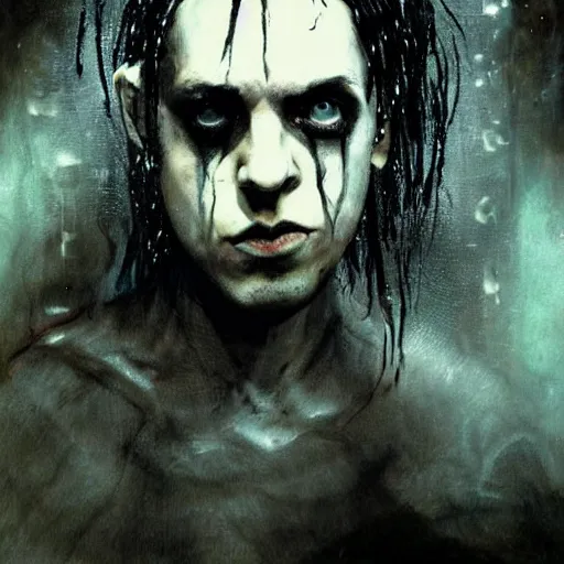 Image similar to stunning portrait of gaunt nik cave a ( the cure fan ) as dream from sandman, dim stars as eyes, by jeremy mann, by cedric peyravernay, by by russ mills, by richard avedon and ben templesmith, dramatic lightning, sadness, dark eye sockets, in the shadows, punk rock, gothic, high detailed, 8 k