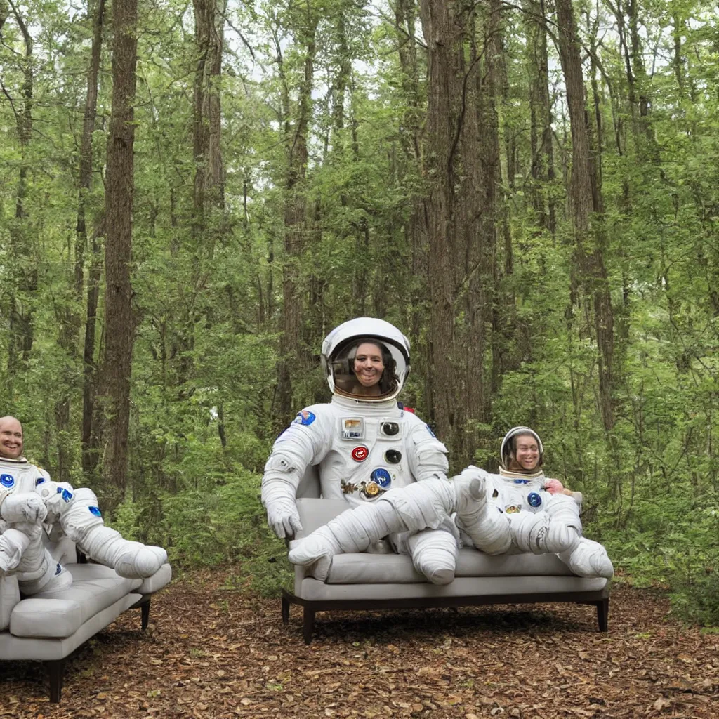 Image similar to astronaut sitting on a couch in the forest