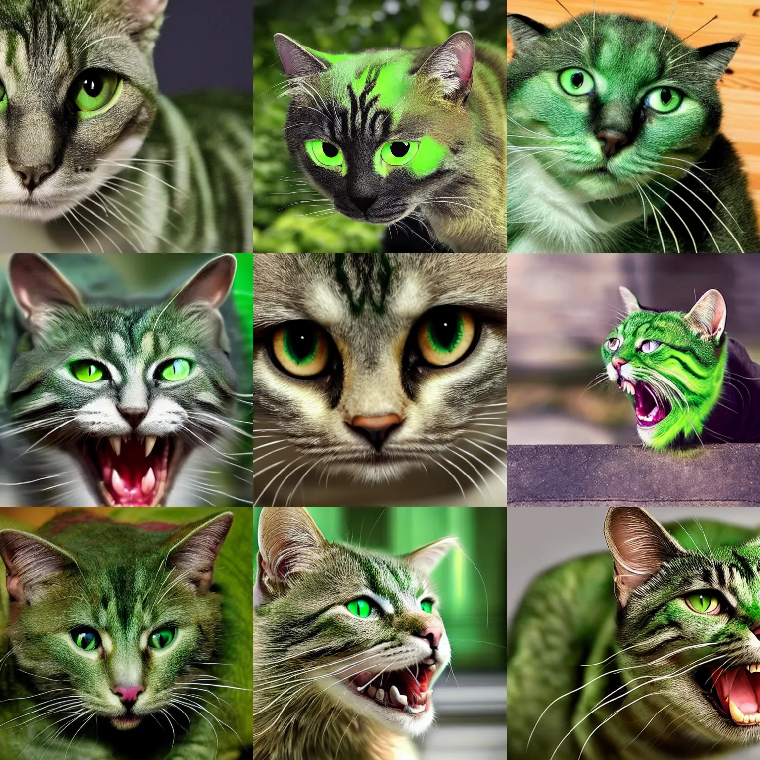 Prompt: a green cat with a dinosaur tail and dinosaur eyes, scales, sharp teeth, ferocious looking