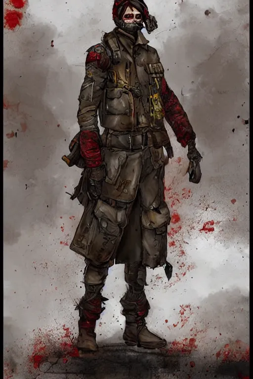 Prompt: post-apocalyptic soldier, brown coat with red patches, character concept art, digital art