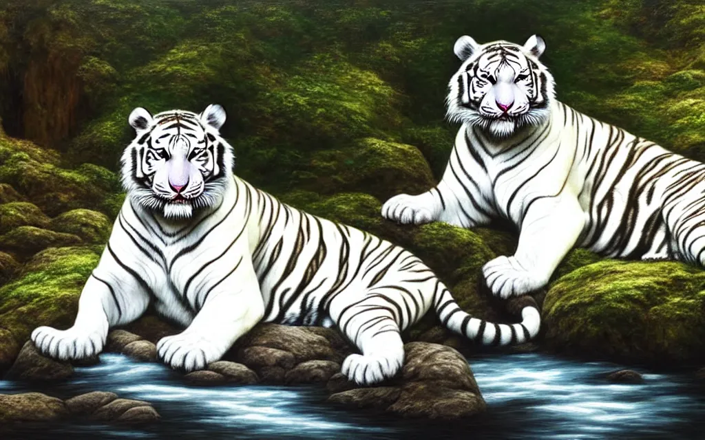 Image similar to a white tiger sitting on a large rock within a woodland creek, highly detailed, trending on pixiv, realistic oil paint artwork made in 2 0 2 0.