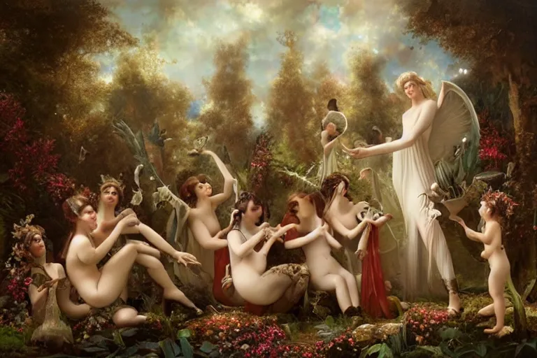 Prompt: the goddess of accordions surrounded by a court of nymphs, by tom bagshaw peter kemp