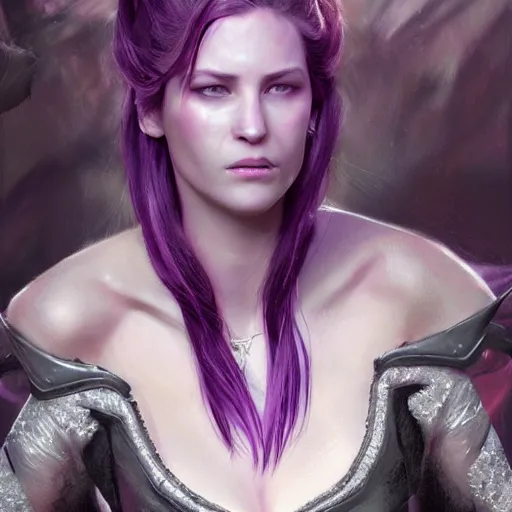 Image similar to beautiful close up portrait vampire purple ponytail, crystal armor, elegant, detailed. epic cinematic hyperrealism masterpiece. realistic poster with shaded lighting by craig mallismo, artgerm, jeremy lipkin and michael garmash, unreal engine, radiant light, detailed and complex environment, digital art, art station trends, detailed faces, detailed eyes