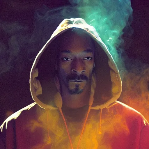 Image similar to a dramatic photograph of snoop dog smoking a joint in an infinite universe while crossing the mystical portal to the beyond, ground haze, dramatic lighting, filmic, cinematographic, sci - fi