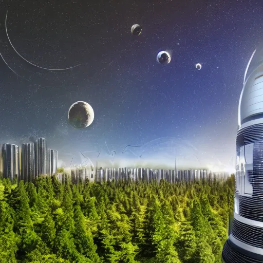 Prompt: space habitat, city in space, forest, wide angle, panoramic,