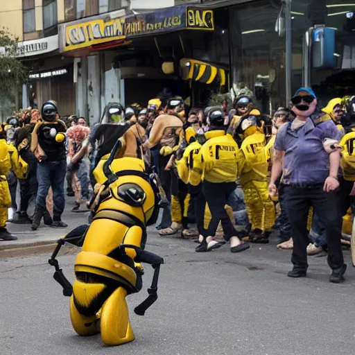 Prompt: barry bee benson flees from several riot police