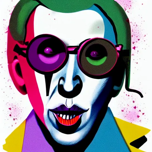 Image similar to graphic illustration, creative design, willy wonka with marilyn manson, biopunk, francis bacon, highly detailed, hunter s thompson, concept art