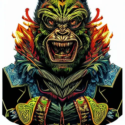 Prompt: barong family member, wiwek, mara demon, one single tribe member, jungle, one single mask, dark, ancient warrior, gorilla in jungle, lizard, tribal, fists, inner glow, art by dan mumford and justin gerard