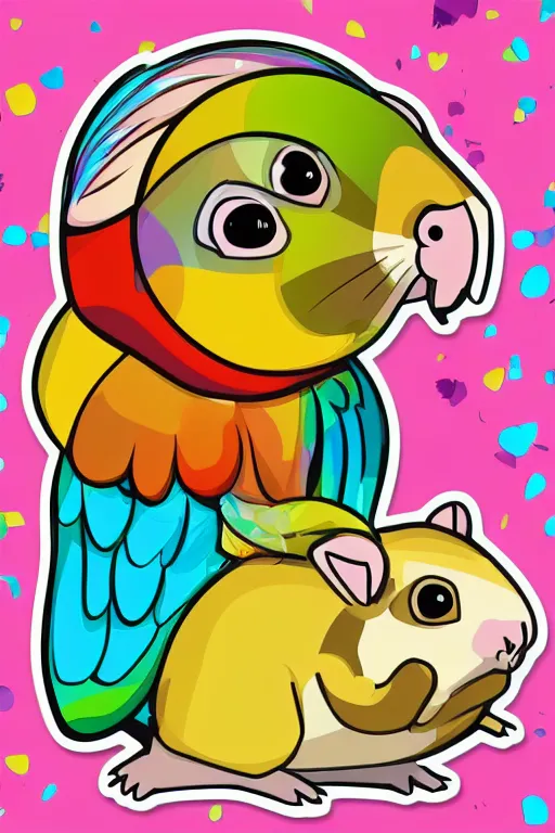 Image similar to Portrait of a cute hamster with parrot, sticker, andromorphic, colorful, illustration, highly detailed, simple, smooth and clean vector curves, no jagged lines, vector art, smooth