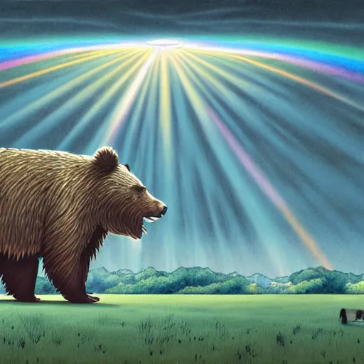 Image similar to the dropout bear walking towards the horizon, by john kenn mortensen, by takashi murakami, illustration, colored pencil, fountain pen, digital art, comic book, color grading, vintage, field of view, warm color palette, rainbow, spectral color, rays of shimmering light, volumetric light, cotton, clouds, mist