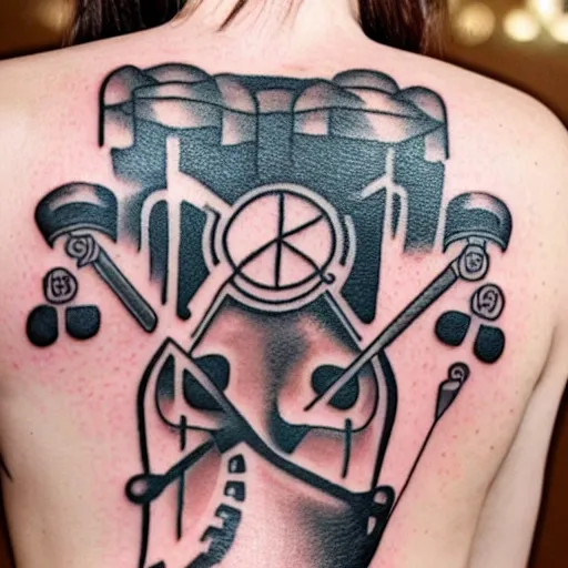 Image similar to sp - 4 0 4 audio mixer in the style of tattoo along female lower back