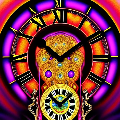 Prompt: An extremely psychedelic portrait of a clock, surreal, LSD, face, detailed, intricate, elegant, lithe, highly detailed, digital painting, artstation, concept art, smooth, sharp focus, illustration