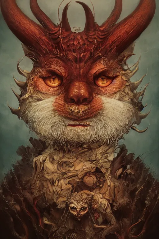 Image similar to a portrait of a devil animal illustrated by miyazaki by karol bak, james jean, tom bagshaw, rococo, sharp focus, trending on artstation, cinematic lighting, hyper realism, octane render, 8 k, hyper detailed, vivid, ultra detailed, highly detailed