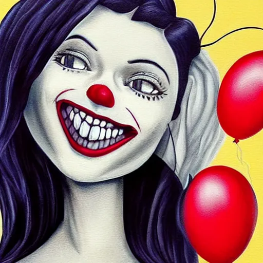 Prompt: grunge cartoon painting of kylie jenner with a wide smile and a red balloon by chris leib, loony toons style, pennywise style, corpse bride style, horror theme, detailed, elegant, intricate