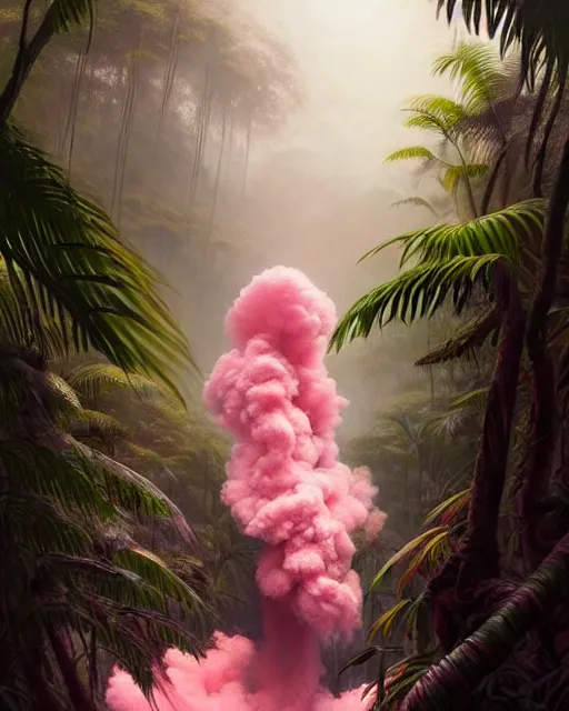 Image similar to a hyper - detailed 3 d render like an oil painting of tribe member portrait in a tropical forest with pink smoke!!!!! surreal concept art, lifelike, photorealistic, digital painting, aesthetic, smooth, sharp focus, artstation hd, by greg rutkowski, bruce pennington, valentina remenar, rhads, asher duran,