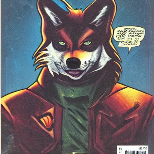 Image similar to 1 9 8 0 s comic book cover scan featuring a portrait of villain male wolf o'donnell anthropomorphic wolf furry fursona from starfox wearing a dark space mercenary uniform, dark grey wolf, handsome eyes, wolf o'donnell