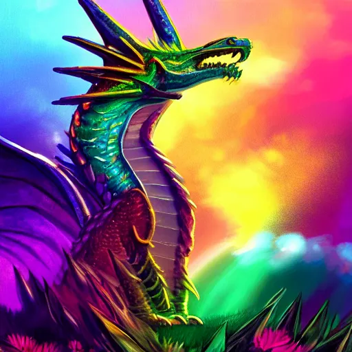 Prompt: rainbow dragon sits on a large pile of gold and gems in a field of daisies, blue clear sky, neon color, highly detailed, digital painting, artstation, concept art, matte, sharp focus, impressionnisme