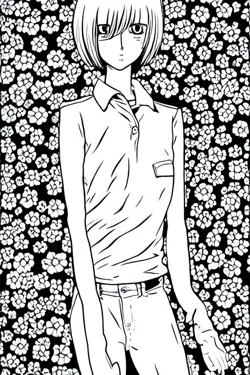 Image similar to portrait of a girl in long pants and a top, hands in pockets, eyes closed, bob haircut, digital art, black and white, lineart by junji ito and kaoru mori