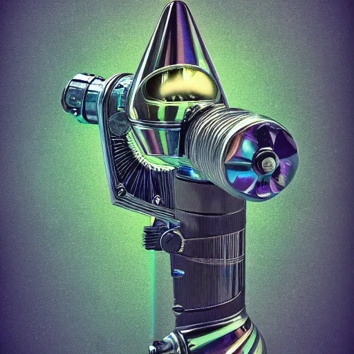 Image similar to unstable exotic matter powered raygun, well defined mechanical features, triadic chrome shading, iridescent liquid energy tank, dark background, softglow, sharp focus, full device, vintage style, charcoal and champagne