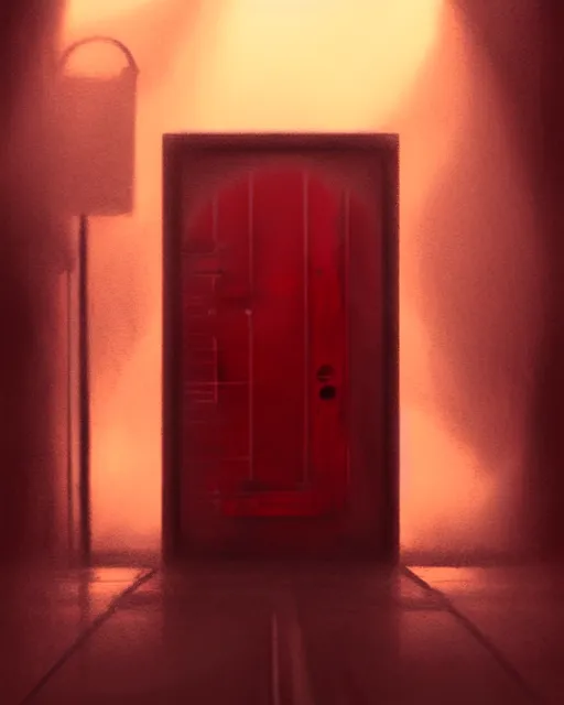 Image similar to heavy red iron door, grunge, dim, volumetric lighting, mist, artstation, sylvain sarrailh