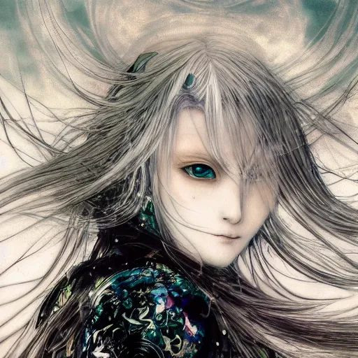 Image similar to yoshitaka amano blurred and dreamy realistic illustration of an anime girl with wavy white hair fluttering in the wind and cracks on her face wearing elden ring armour with the cape, abstract black and white patterns on the background, noisy film grain effect, highly detailed, renaissance oil painting, weird portrait angle