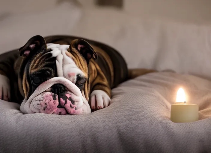 Image similar to a closeup, 4 5 mm, portrait of a sleeping english bulldog in a bed, on a pillow, candle light, 4 5 mm, by franz lanting