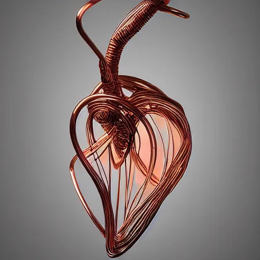 Image similar to a very beautiful tiny ( ( ( ( human heart ) ) ) )!!!!!!!!!!!!!!!!!!!!!!!!! organic sculpture made of copper wire and threaded pipes, very intricate, curved. studio lighting, high resolution, high quality, black background