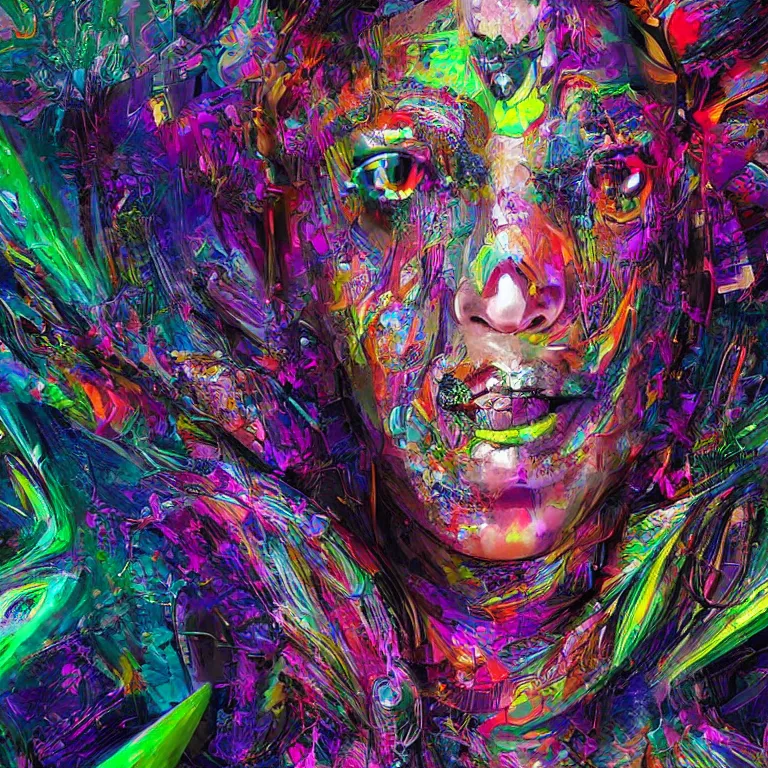 Image similar to hyper-maximalist overdetailed half portrait half collage slightly abstract pesudofigurative digital illustration by archan nair feat hakan hisim inspired by works of android jones. Pschedelic visionary artwork.