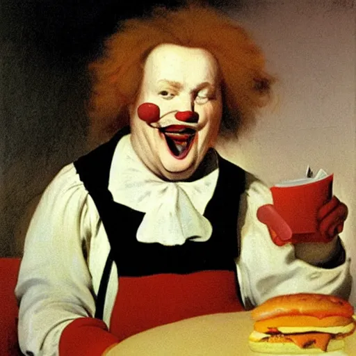 Prompt: ronald mcdonald eating a hamburger, painting by fransisco goya