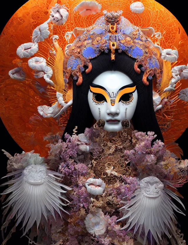 Image similar to 3 d goddess close - up 3 / 4 portrait with ram skull. beautiful intricately detailed japanese crow kitsune mask and clasical japanese kimono. betta fish, jellyfish phoenix, bio luminescent, plasma, ice, water, wind, creature, artwork by tooth wu and wlop and beeple and greg rutkowski