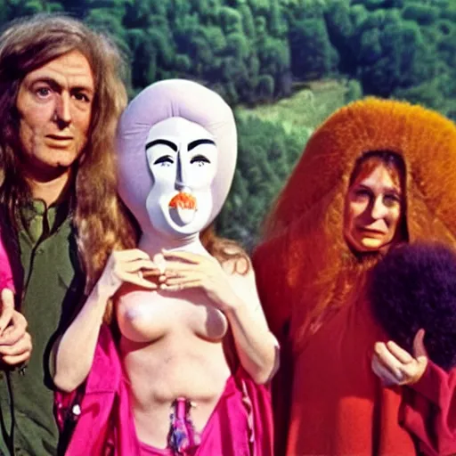 Image similar to 1970 hippie woman on tv show with a long prosthetic inflatable nose, big nostrils, wearing a robe on the hillside 1970 color archival footage color film 16mm holding a hand puppet Fellini Almodovar John Waters Russ Meyer Doris Wishman