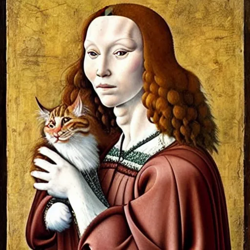 Image similar to beautiful renaissance painting portrait of ginger maine coon with white beard by sandro botticelli, jan van eyck, tiziano vecelli, piero della francesca