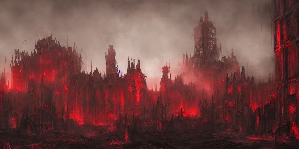 Image similar to grimdark chaos fortress, ruined, terrifying architecture, looming, dark, fog, atmospheric red lighting, dark souls, hyperrealistic, artstation