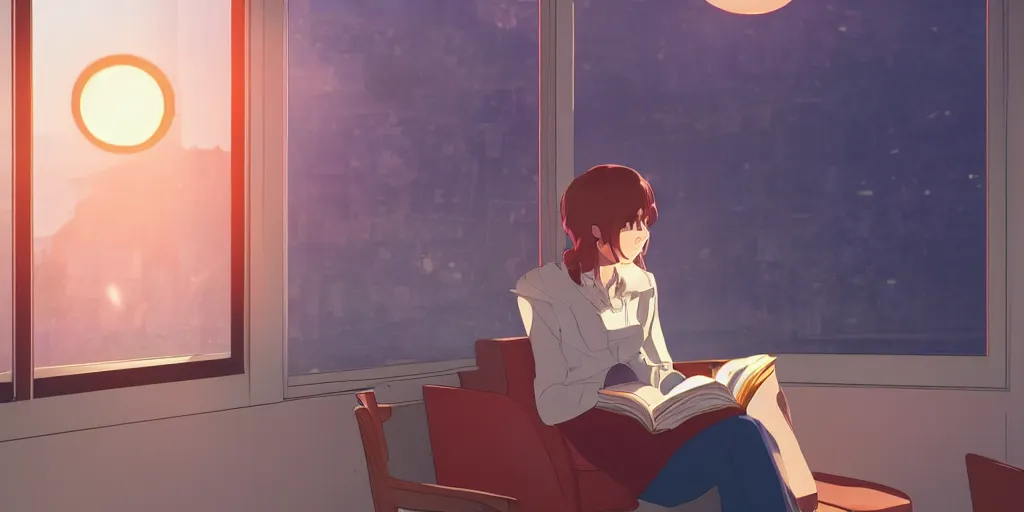 Image similar to Girl reading in a window seat in a coffee shop at sunset cinematic lighting, style by Makoto Shinkai