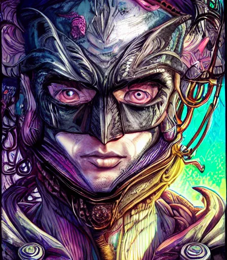 Prompt: hyper detailed comic illustration of a Elfpunk Batman, markings on his face, by by Android Jones intricate details, bright vibrant colors , solid background, low angle fish eye lens