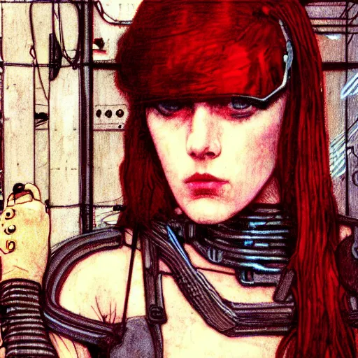 Image similar to redhead female cyberpunk, wires cables skulls, machines, in the style of john william waterhouse, and michael w kaluta, 4 k photo autochrome