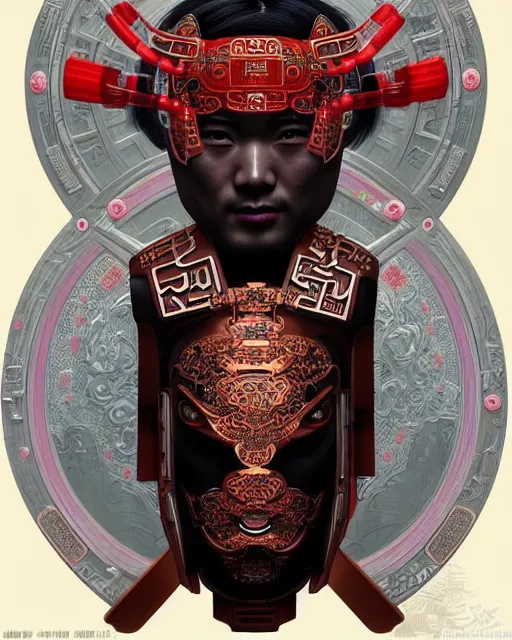 Image similar to portrait of a chinese masculine male cyberpunk machine, machine face, upper half portrait, decorated with chinese opera motifs, muscular, asian, fine china, wuxia, traditional chinese art intricate intense elegant 京 剧 highly detailed symmetry headpiece digital painting artstation concept art smooth sharp focus illustration, art by artgerm and greg rutkowski alphonse mucha 8 k