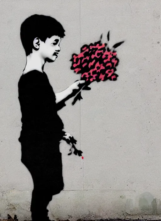 Image similar to a side profile of a single boy holding flowers in the style of Banksy, graffiti, digital art