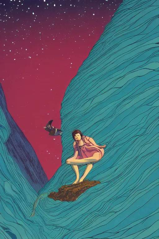 Prompt: a closeup portrait of anti - gravity, a young siberian woman drifting in psychedelic hallucinations in the vast icy landscape of antarctica, volcano lava drips in anti - gravity by kawase hasui, moebius and edward hopper, colorful flat surreal design, hd, 8 k, artstation