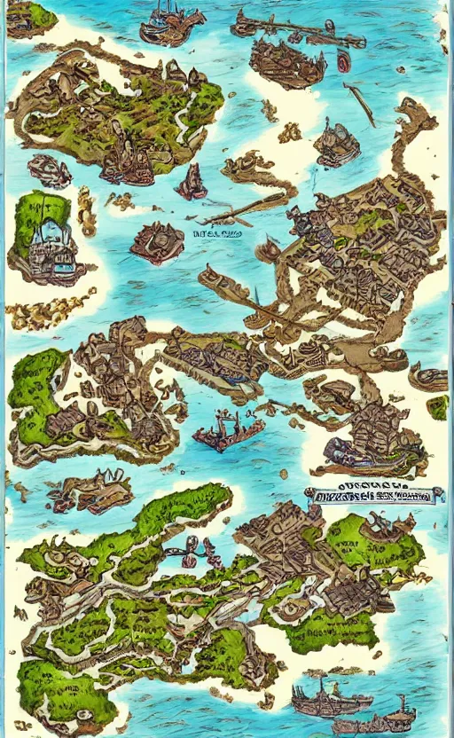 Image similar to dnd shore port town and docks on islands, hand painted and drawn map