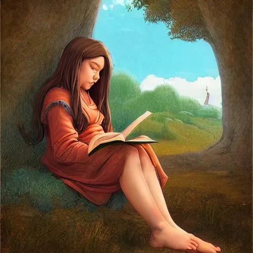 Image similar to village girl reading a book, highly detailed, digital painting, artstation, concept art, illustration, art by artgerm and Johfra Bosschart