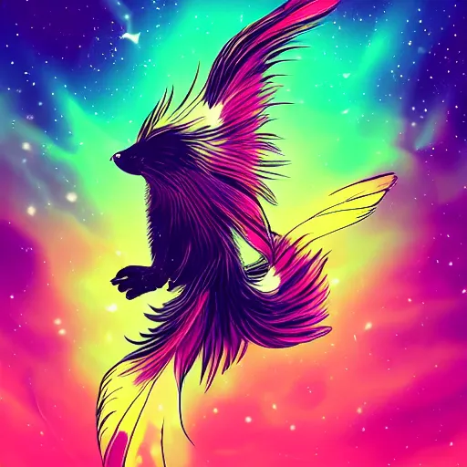 Image similar to skunk, feathers, bird, avian, wings, synthwave, universe background, nebula, galaxy, artstation