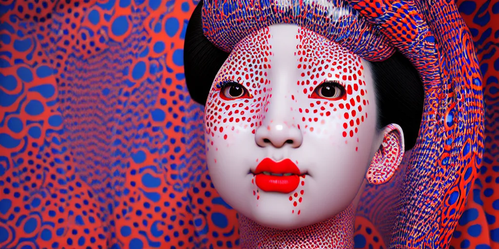 Image similar to hyperrealistic detailed image of a geisha in a art installation room, hd smooth interior by yayoi kusama, part by kei mieno, part by ross tran, dark art by james jean, ultra realistic, highly detailed, life like face, detailed body, 8 k, 3 d render by roger magrini, masterpiece