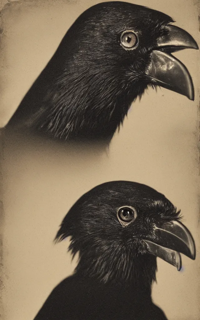 Image similar to portrait of a crow human hybrid mutant, daguerreotype, studio lighting, hyperrealistic, ultra detailed