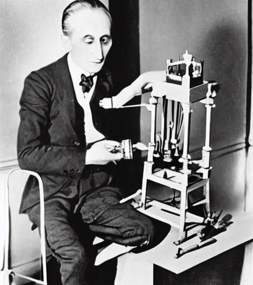 Image similar to marcel duchamp holding up a chess - piece wire - machine, a surrealist painting by marcel duchamp, complex artificial - intelligence machinery, flickr contest winner, studio portrait, 1 9 2 0 s