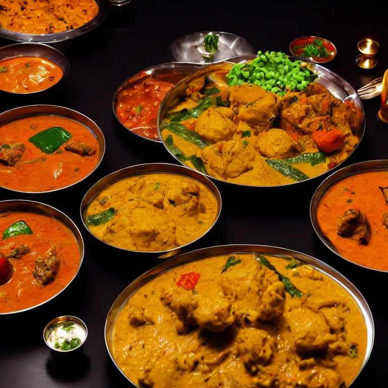 Prompt: close - up focused dslr photograph of a indian dinner, 8 k, high detail, volumetric lighting, hyperrealism, aesthetically pleasing, studio lighting, trending