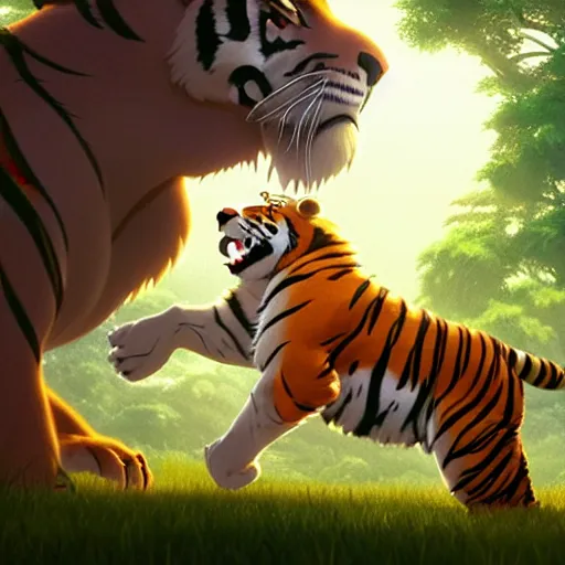 Image similar to a wholesome animation key shot of a tiger fighting a lion, studio ghibli, pixar and disney animation, sharp, rendered in unreal engine 5, anime key art by greg rutkowski, bloom, dramatic lighting