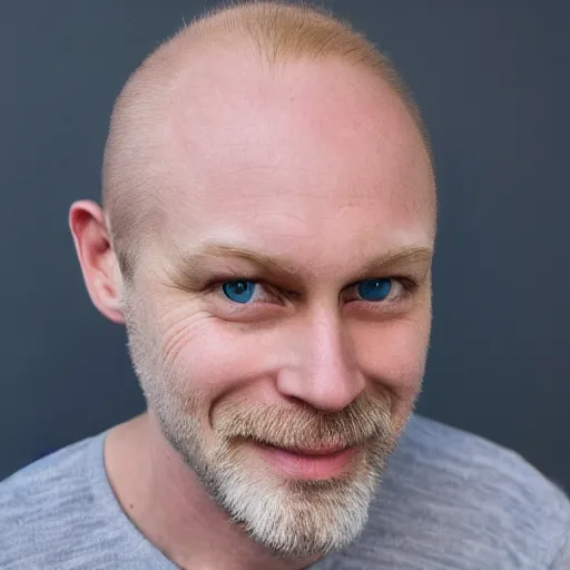 Prompt: Middle aged blue eyed, very pale, blond balding English man